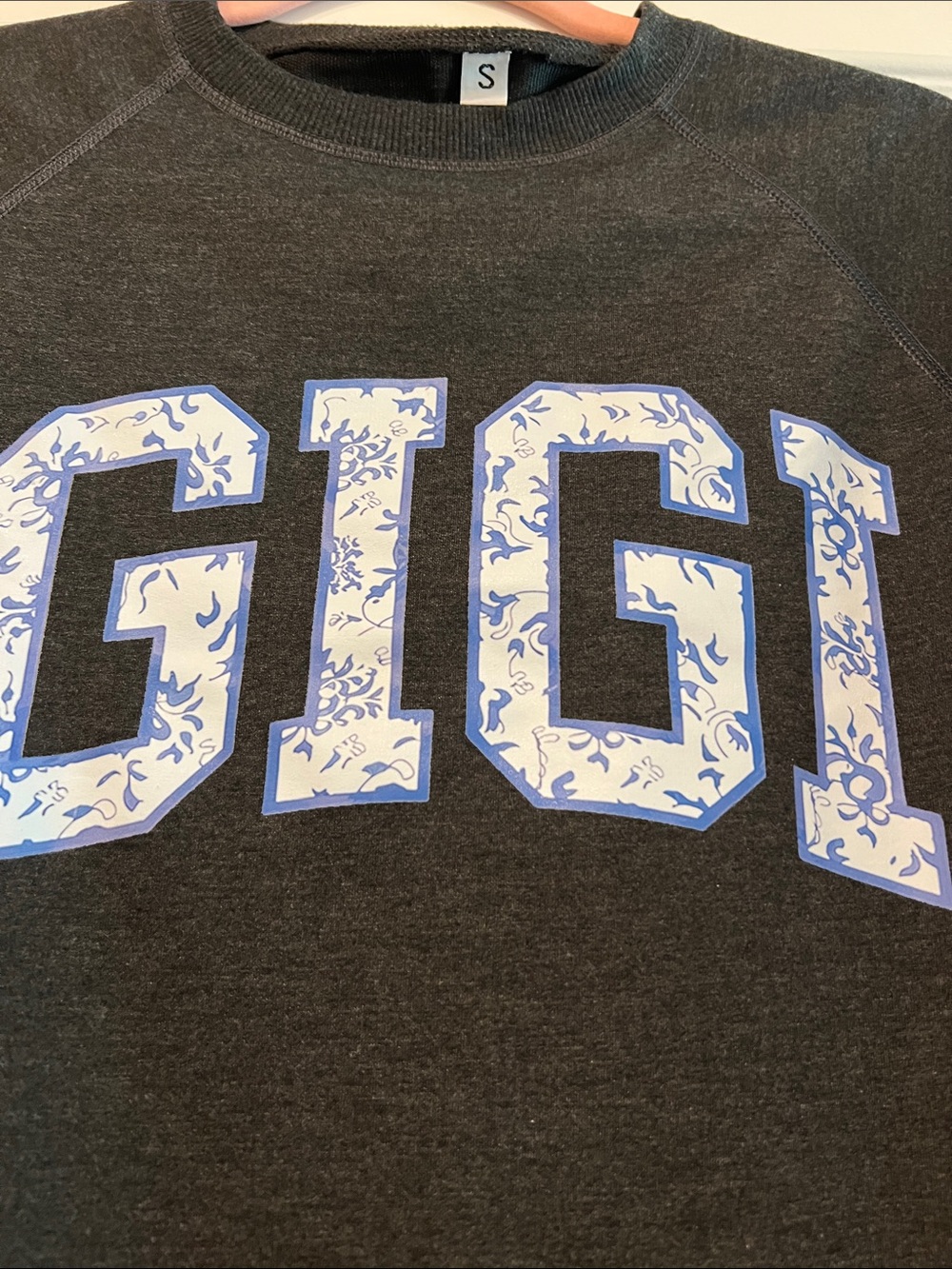 Beginning Boutique Dark Charcoal Sweatshirt with White and Blue GIGI Lettering - Picture 3 of 16